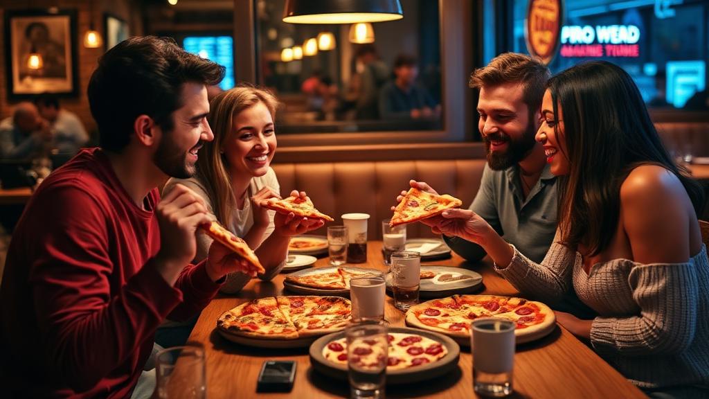 Amigos felizes saboreando pizza artesanal na PizzaExpress